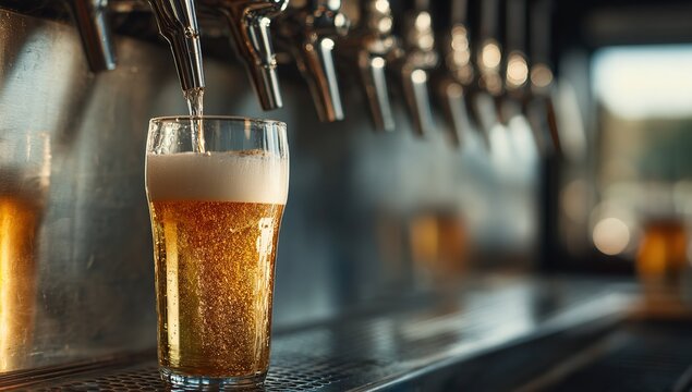 Crisp golden beer is poured into a pint glass from a polished tap, creating a refreshing, bubbly beverage perfect for any pub or bar setting - Powered by Adobe