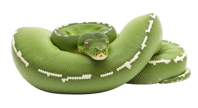 Isolated green tree python coiled up close up in studio, detailed skin texture, exotic pet