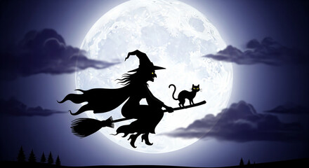 Spooky Witch and Cat on a Broomstick