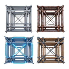 Four scaffolding structures, each with a different material and style, displayed against a white background.