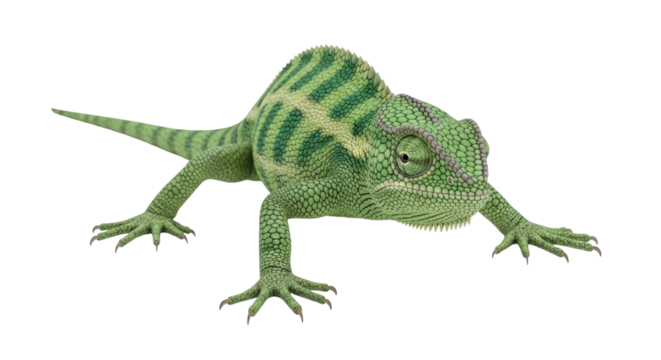 Isolated Chameleon with Striped Back Scales, Close-up Reptile, Green Skin Texture, Wildlife