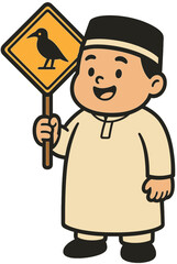 Muslim Boy Cartoon Holding Bird Warning Sign | Islamic Kids Educational Illustration