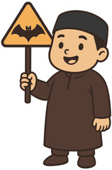 Muslim Boy Cartoon Holding Bat Warning Sign | Islamic Kids Safety Illustration