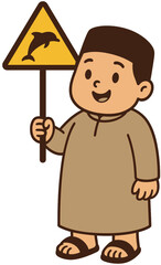 Muslim Boy Cartoon Holding Dolphin Warning Sign | Islamic Kids Safety Illustration