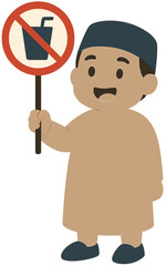 Cute Muslim Boy Cartoon Holding No Drinking Allowed Sign