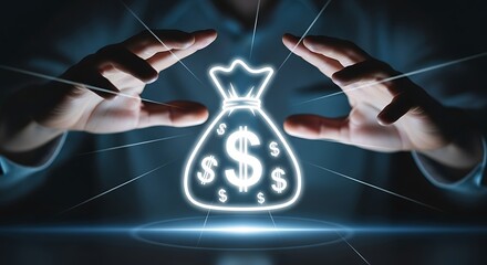 Digital abstract concept of financial success and wealth with glowing money bag symbol and digital connections