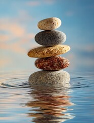Stacked stones in balance amidst rippling water against a scenic sky