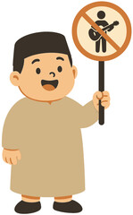 Muslim Boy Cartoon Holding No Music Sign | Islamic Kids Prohibition Illustration