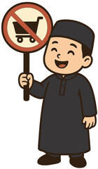 Cute Muslim Boy Cartoon Holding No Shopping Cart Allowed Sign
