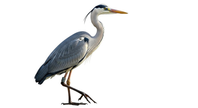 Isolated Grey Heron standing, looking right, bird with long beak, beautiful wildlife animal