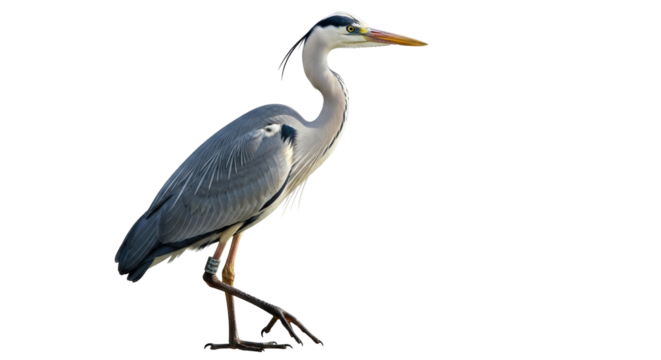 Isolated Grey Heron standing, looking right, bird with long beak, beautiful wildlife animal