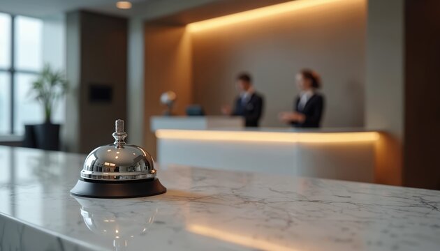 Elegant hotel reception counter features service bell. Pro hotel staff members stand behind desk. Marble table reflects stylish interior design. Hospitality concept showcasing guest check in process.
