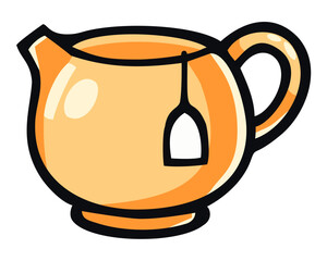 Opened ceramic teapot with tea bag illustration. Editable color vector