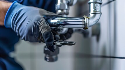 A close-up of a male plumber's hand wearing a blue glove, adjusting a metal pipe with a wrench. The scene focuses on plumbing work and tools.