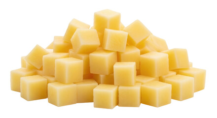 Isolated pile of fresh cheese cubes ready to eat, food ingredients, delicious snack in studio