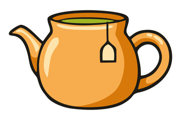 Opened clay teapot with tea bag illustration. Editable color vector