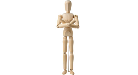 Isolated wooden mannequin standing, with crossed arms, natural color and articulated body