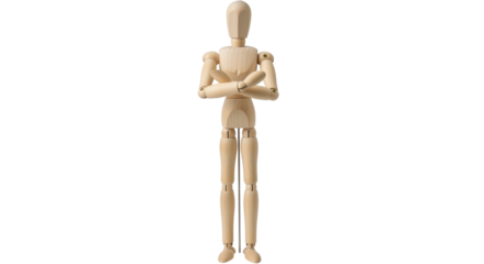 Isolated wooden mannequin standing, with crossed arms, natural color and articulated body