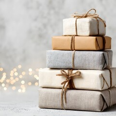 
A Modern and Cozy Christmas: A Stack of Gifts with Rustic Twine and Bokeh Lights