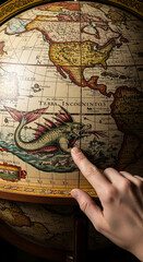 Obraz premium A Terrestrial Globe from the 16th Century, Detail of a Mythical Sea Creature on the Map