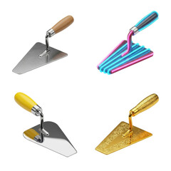 Four trowels, each with a different design and material, arranged in a square format on a white background.