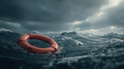 Solitary Orange Lifebuoy Adrift in Turbulent, Stormy Ocean Waves Under Dramatic, Ominous Clouds.