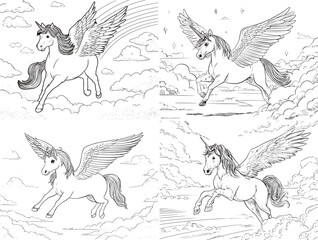 Fototapeta premium Four illustrations of winged unicorns soaring through soft clouds and vibrant skies. Each unicorn displays unique poses, highlighting their beauty and grace in flight.