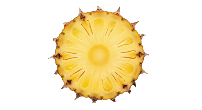 Isolated cross-section of a juicy pineapple, fresh fruit with edible yellow flesh and core