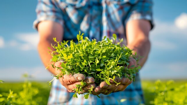 A man in a plaid shirt holds a handful of fresh green plants in a field. The background features a clear blue sky and lush greenery.