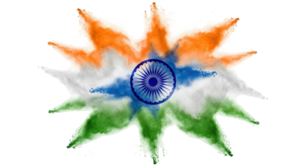 Isolated powder burst with Ashoka Chakra for Independence Day of India, orange, white, green