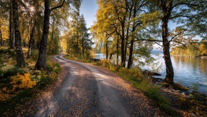Winding road by lake, autumn leaves & trees. Golden hour scene, nature