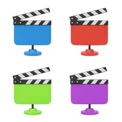 Four colorful clapperboards in blue, red, green, and purple, arranged on a white background.