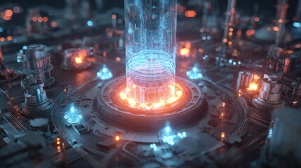 Futuristic energy core activation advanced laboratory 3d render sci-fi environment aerial view technological innovation