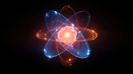 Dynamic atomic model science laboratory digital art dark environment close-up view quantum physics concepts