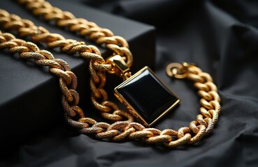 Close up of thick gold chain necklace with large black gemstone pendant. Luxurious jewelry isolated on dark satin fabric. Statement piece for fashion or wealth.