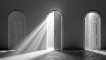 A serene interior scene showcases three arched doorways, with one wide open, bathed in radiant light, symbolizing possibilities and new beginnings.