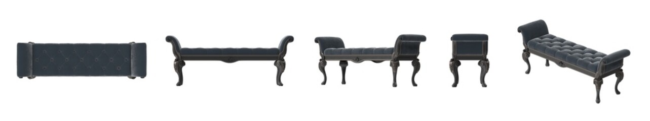 Elegant dark blue chaise lounge in various perspectives against a white backdrop.