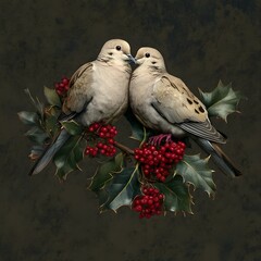 
A Festive Kiss: Two Doves Perched and Kissing on Mistletoe and Holly