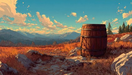 Wooden barrel on a hill, with scenic mountain views and blue skies