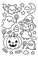 A cartoon vector illustration set of funny Halloween characters, animals, and faces for children's design