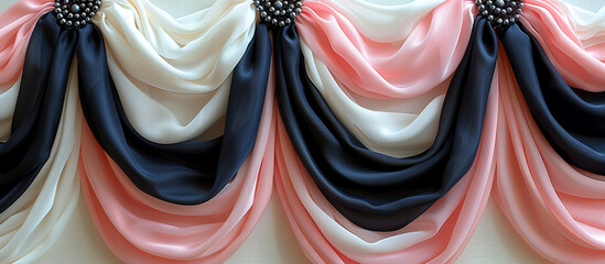 Draped pink, white, black fabric wall decor with jeweled accents