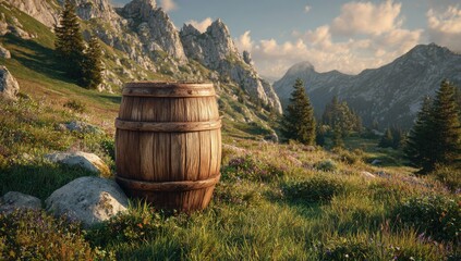 Wooden barrel sits in a grassy meadow, mountains in background, sunny day