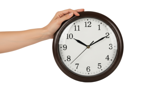 Isolated brown rimmed wall clock on a plain surface with human hand holding the top edge