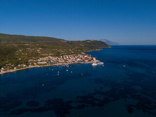 Aerial view to the ancient port in Ouranoupolis, Greece