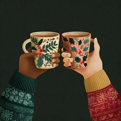 A Cozy Toast to the Holidays: Two Hands Clinking Cups with Festive Patterns