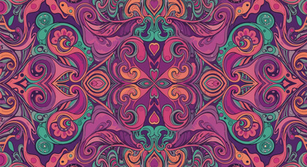 Intricate symmetrical pattern with swirling shapes in vibrant purple and teal hues