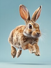 Obraz premium Cute European Hare Leaping in Dynamic Motion on Soft Blue Background