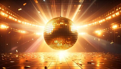 Golden disco ball in a bright arena