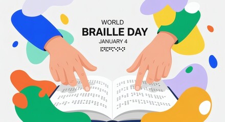 Vibrant flat editorial poster for World Braille Day with hands reading Braille book. Celebratory educational atmosphere