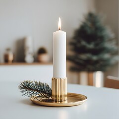 
Serene Holiday Ambiance: A Minimalist Christmas Still Life with a Single Candle
